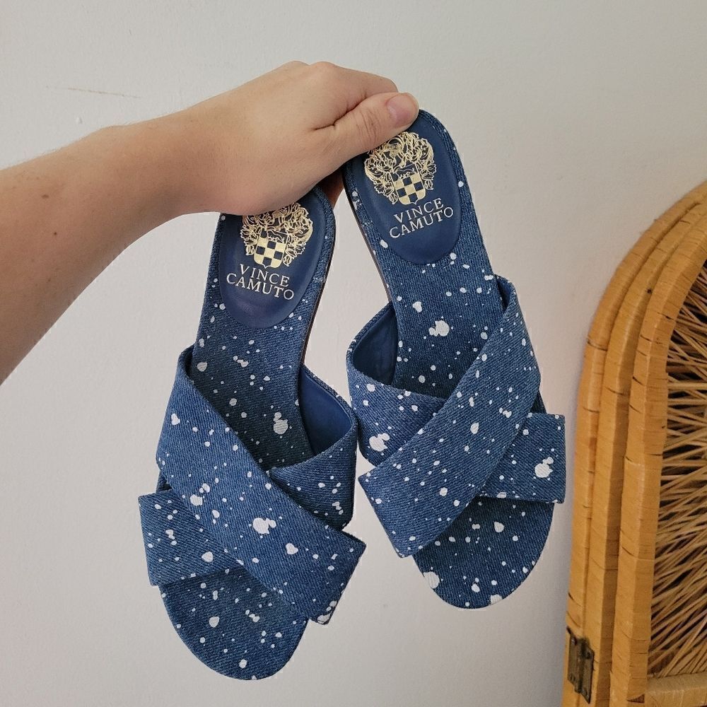 Vince Camuto Esulla Blue Denim Splatter Sandals Cross Band 7 M - Picture 2 of 10